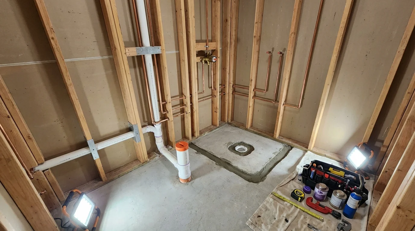 Bathroom rough-in plumbing during remodel by Johns Plumbing LLC in Orinda