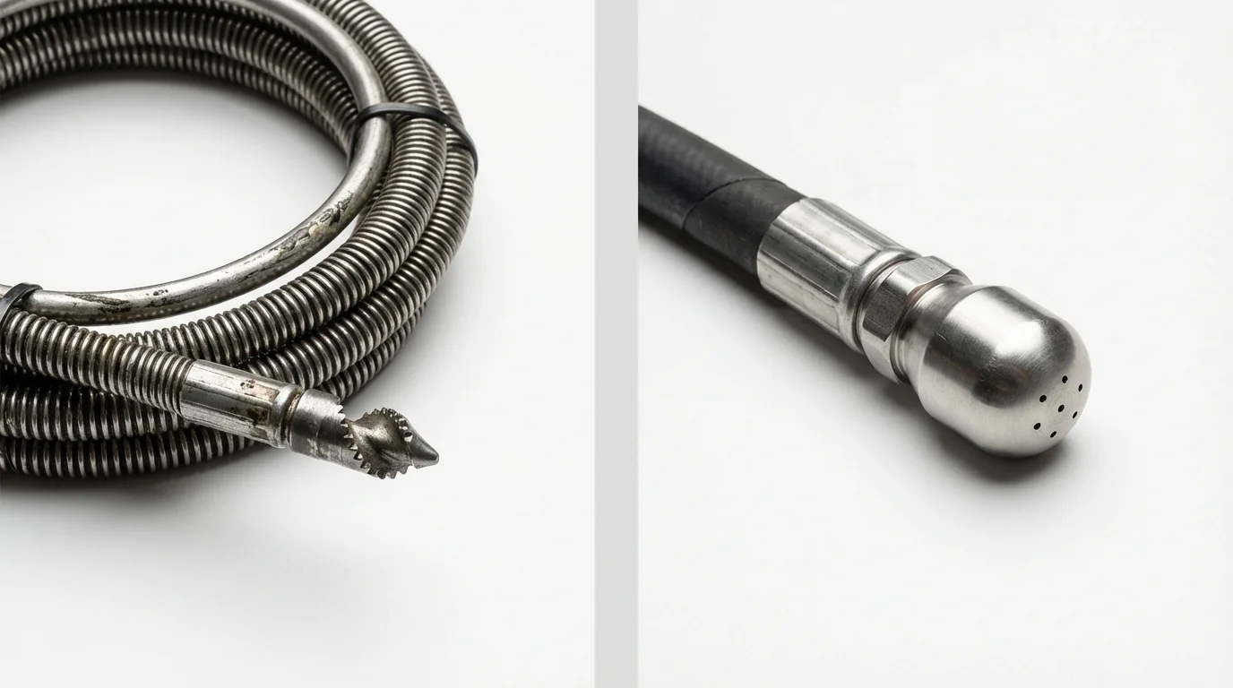 Drain snake cable and hydro jetting nozzle used for drain cleaning in Orinda, CA