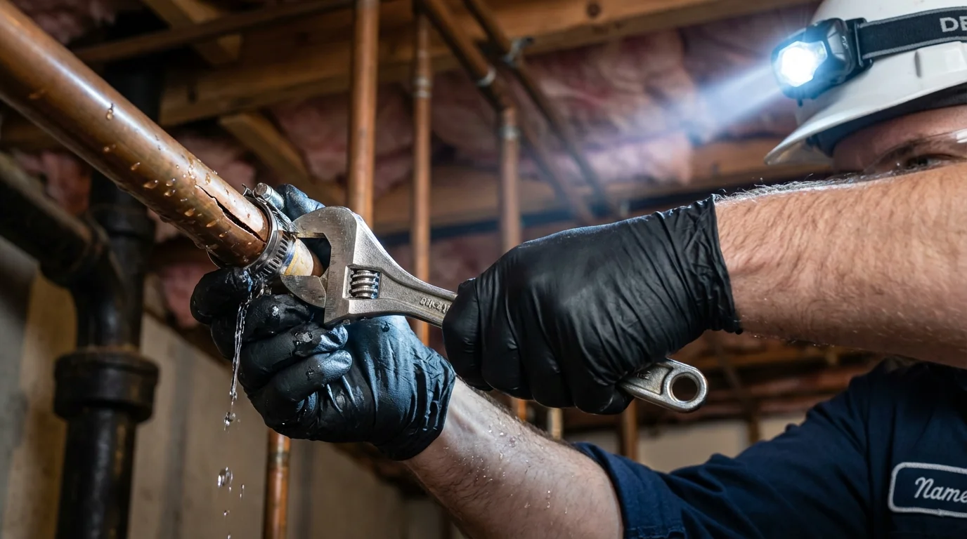 Emergency pipe clamp repair being performed by a Johns Plumbing LLC plumber in Orinda
