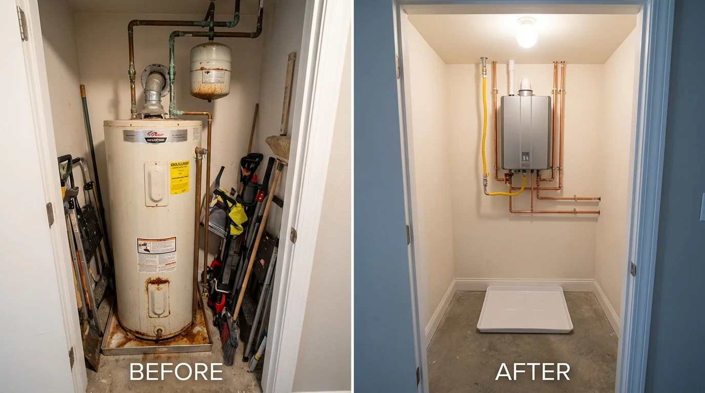 Tank water heater versus wall-mounted tankless unit comparison for Orinda, CA homeowners