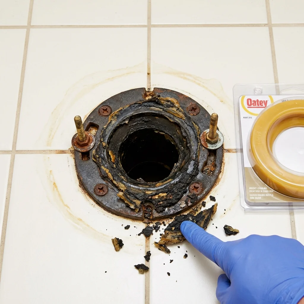 Failed wax ring showing water seepage at the base of a toilet in a Orinda, CA home