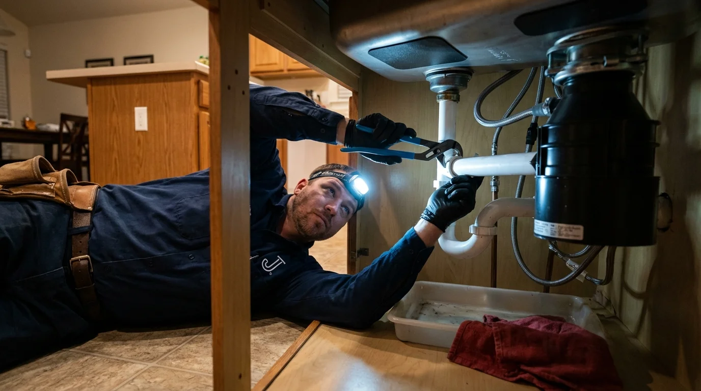 P-trap and supply line connections under a kitchen sink showing a common leak point in Orinda, CA
